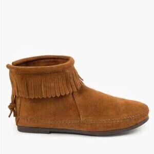 Minnetonka Brown Suede Leather Back Zip Hardsole Fringe Boot Moccasin size 9